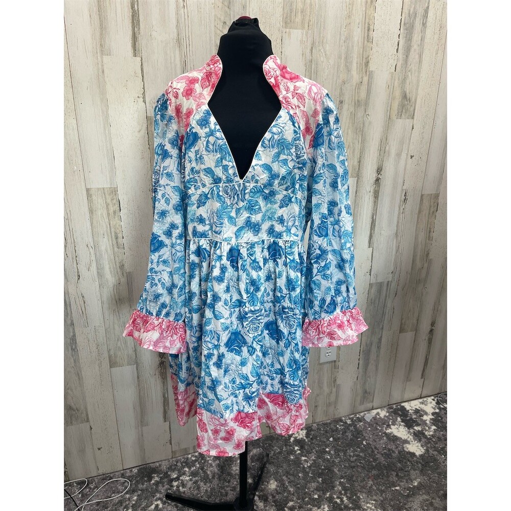 Simply Southern Dress Womens XL Blue Pink Floral Babydoll Swing V-Neck LS sku752